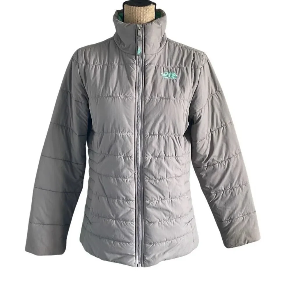 EUC! The North Face Gray Teal Mock Turtle Zip Up Puffer Jacket - Girls XL/Women’